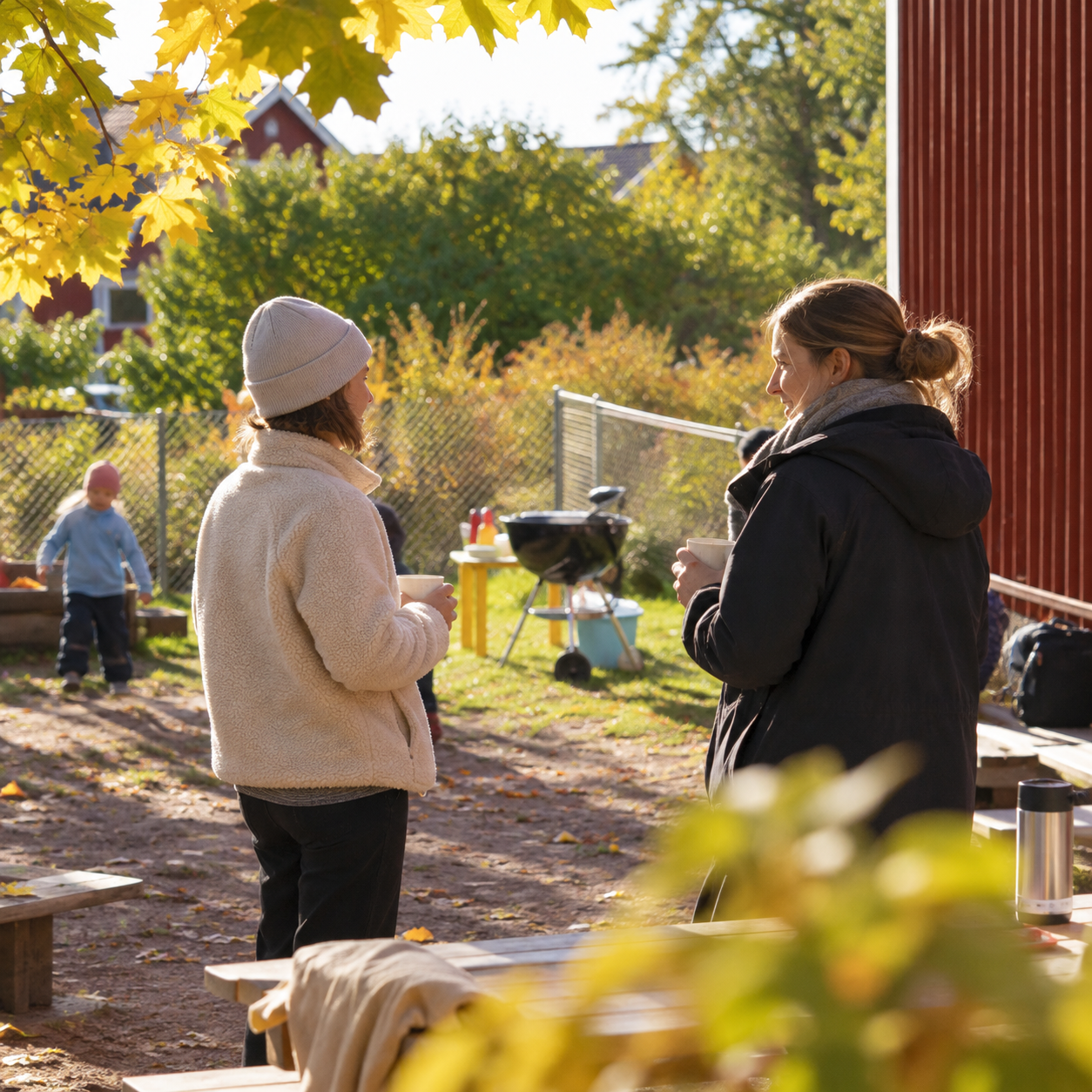 Två vuxna står och samtalar på Elefantens förskolegård under en städdag, med ett barn och en grill i bakgrunden.